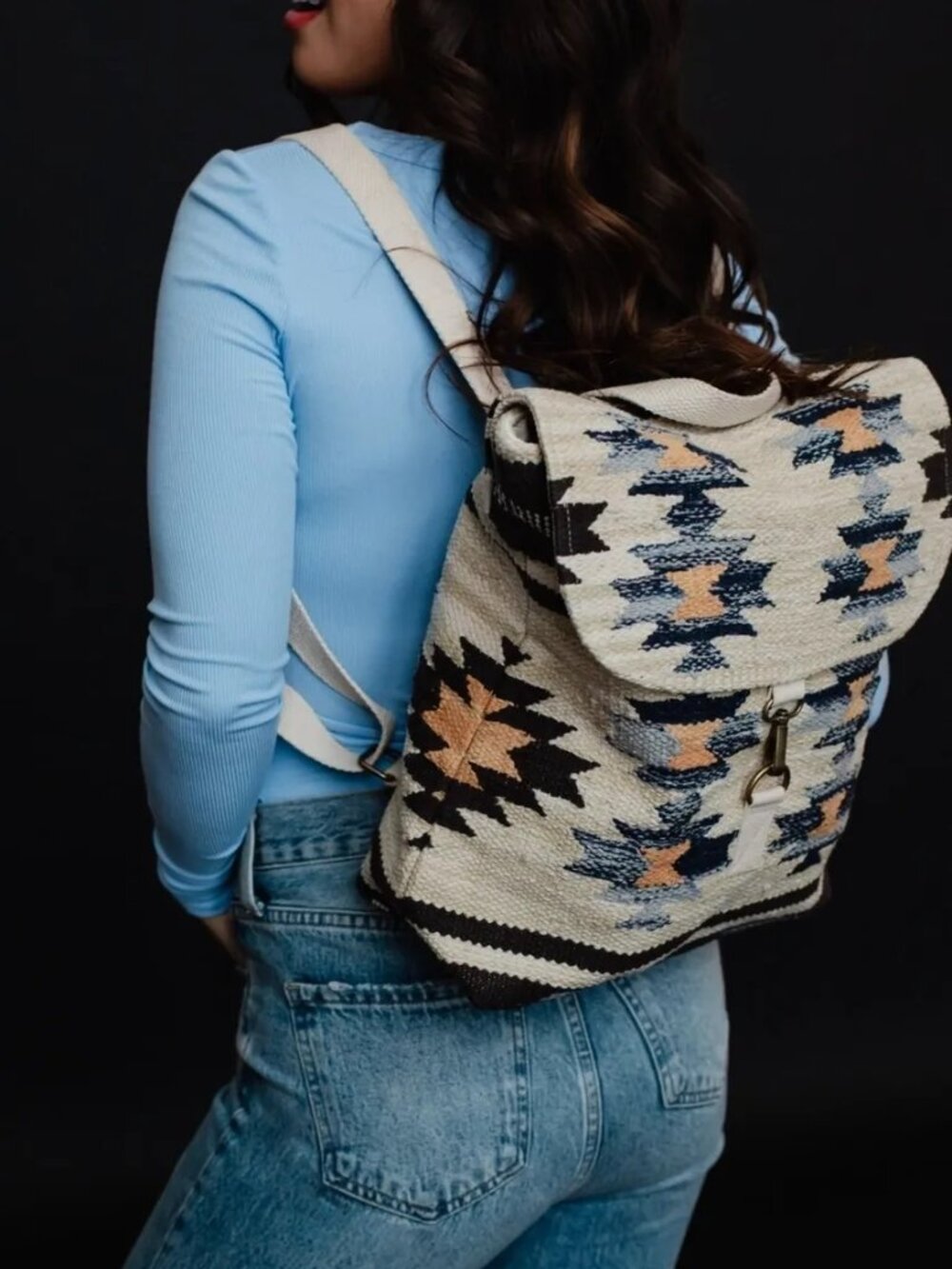 ($25) Woven Aztec Pattern Backpack in Cream, Navy & Mustard - Picture 4 of 5